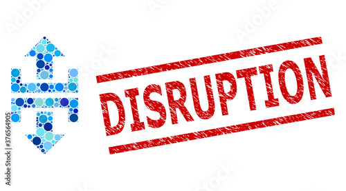 Rounded dot collage divide vertical direction and DISRUPTION unclean stamp imitation. Stamp seal includes DISRUPTION title between parallel lines.