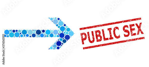Circle mosaic arrow right and PUBLIC SEX unclean stamp print. Stamp seal includes PUBLIC SEX title between parallel lines. Vector mosaic is based on arrow right icon,