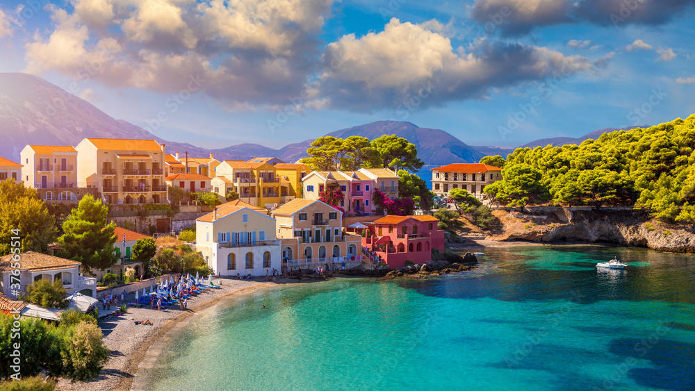 Assos Village Kefalonia Greece Turquoise Colored Bay Mediterranean Sea  Beautiful Stock Photo by ©DaLiu 407931994