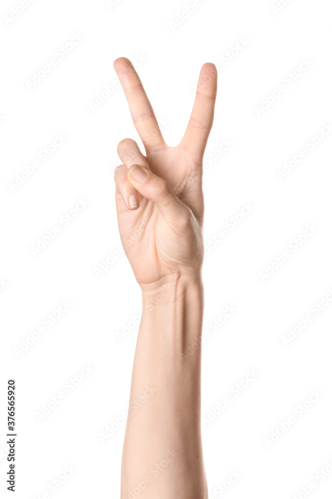 Hand showing letter V on white background. Sign language alphabet Hand showing letter V on white background. Sign language alphabet