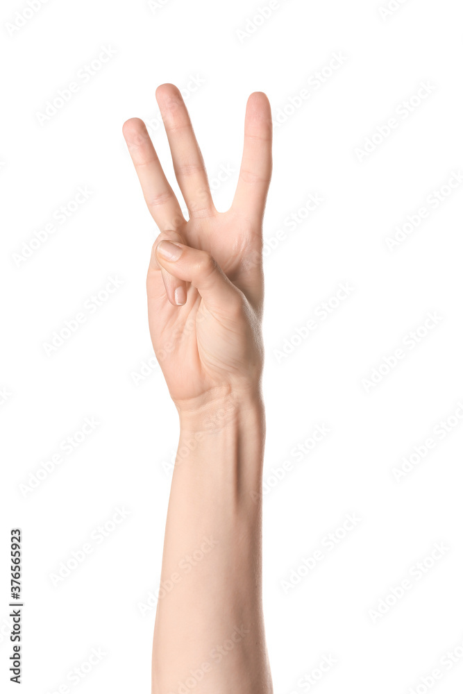 Hand showing letter W on white background. Sign language alphabet Hand showing letter W on white background. Sign language alphabet