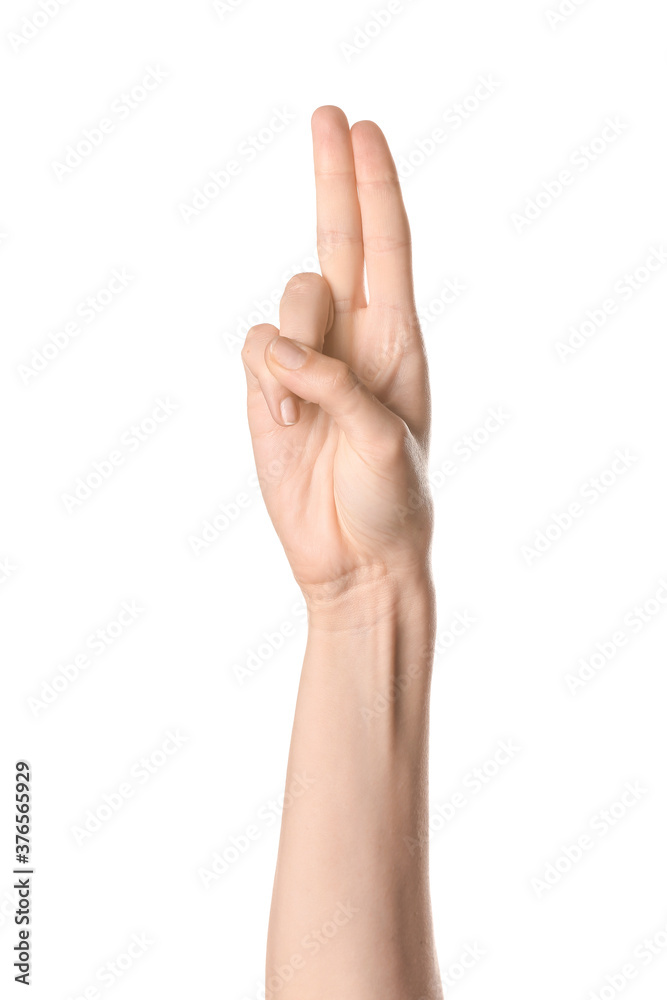 Hand showing letter U on white background. Sign language alphabet Hand showing letter U on white background. Sign language alphabet