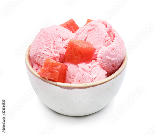 Tasty watermelon ice-cream in bowl on white background