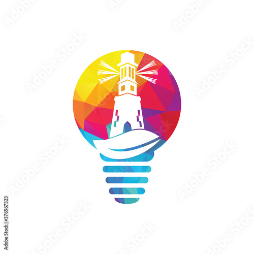 Green lighthouse bulb shape concept logo template design. Leaf and Lighthouse Logo Template.