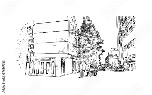 Building view with landmark of Austin is the state capital of Texas, an inland city bordering the Hill Country region. Hand drawn sketch illustration in vector.