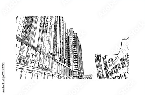 Building view with landmark of Austin is the state capital of Texas, an inland city bordering the Hill Country region. Hand drawn sketch illustration in vector.
