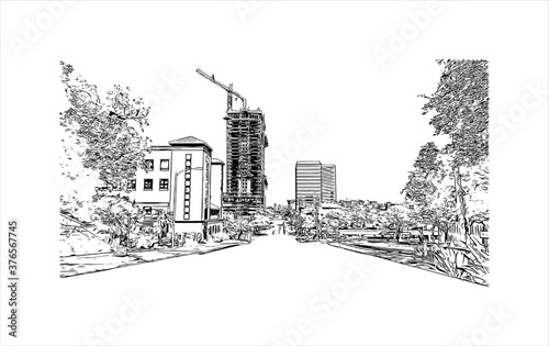 Building view with landmark of Austin is the state capital of Texas, an inland city bordering the Hill Country region. Hand drawn sketch illustration in vector.