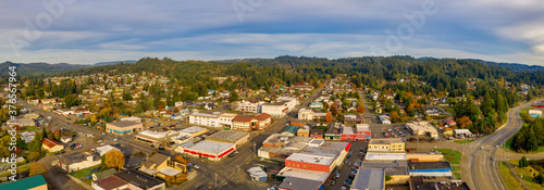 Aerial panorama of Coquille, Oregon, USA during summer day.