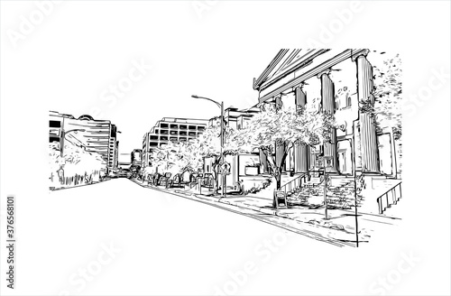 Building view with landmark of Austin is the state capital of Texas, an inland city bordering the Hill Country region. Hand drawn sketch illustration in vector.