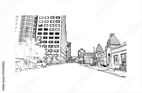 Building view with landmark of Austin is the state capital of Texas, an inland city bordering the Hill Country region. Hand drawn sketch illustration in vector.
