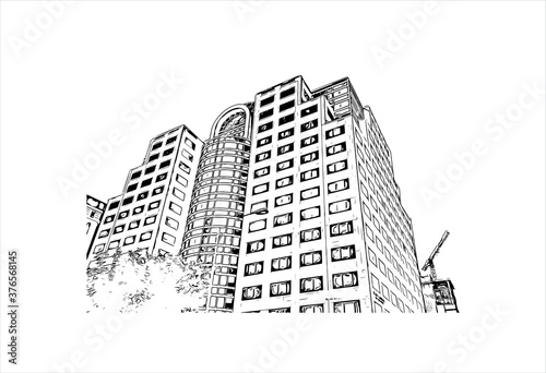 Building view with landmark of Austin is the state capital of Texas, an inland city bordering the Hill Country region. Hand drawn sketch illustration in vector.
