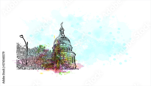 Building view with landmark of Austin is the state capital of Texas, an inland city bordering the Hill Country region. Watercolor splash with hand drawn sketch illustration in vector.