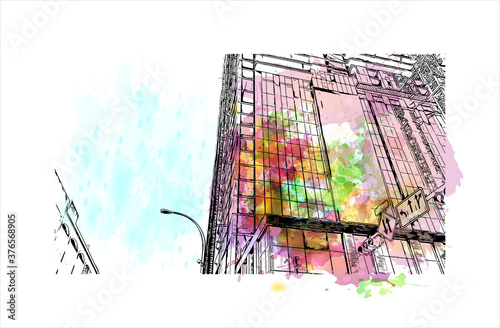 Building view with landmark of Austin is the state capital of Texas, an inland city bordering the Hill Country region. Watercolor splash with hand drawn sketch illustration in vector.