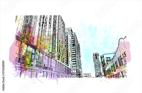 Building view with landmark of Austin is the state capital of Texas, an inland city bordering the Hill Country region. Watercolor splash with hand drawn sketch illustration in vector.