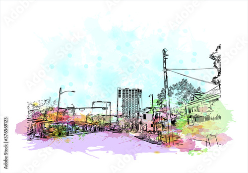 Building view with landmark of Austin is the state capital of Texas, an inland city bordering the Hill Country region. Watercolor splash with hand drawn sketch illustration in vector.
