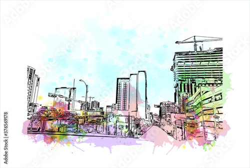 Building view with landmark of Austin is the state capital of Texas, an inland city bordering the Hill Country region. Watercolor splash with hand drawn sketch illustration in vector.