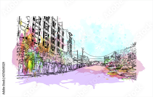 Building view with landmark of Austin is the state capital of Texas, an inland city bordering the Hill Country region. Watercolor splash with hand drawn sketch illustration in vector.