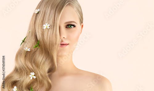 Wallpaper Mural Portrait of Beautiful Fashion Model with Natural Make up with Long Eyelashes and Long Blonde Wavy Hair. Torontodigital.ca