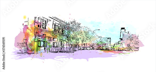 Building view with landmark of Austin is the state capital of Texas, an inland city bordering the Hill Country region. Watercolor splash with hand drawn sketch illustration in vector.
