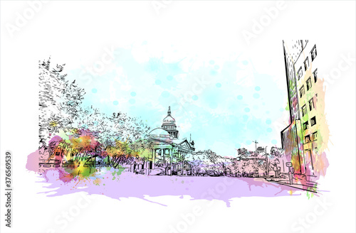 Building view with landmark of Austin is the state capital of Texas, an inland city bordering the Hill Country region. Watercolor splash with hand drawn sketch illustration in vector.