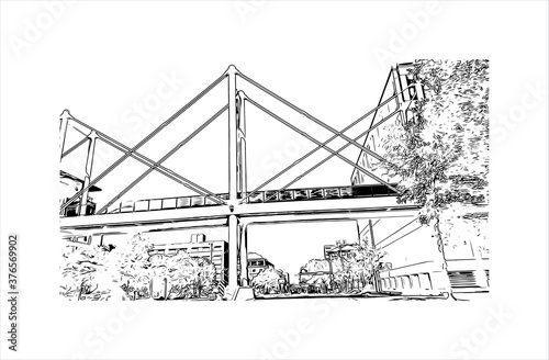 Building view with landmark of Austin is the state capital of Texas, an inland city bordering the Hill Country region. Hand drawn sketch illustration in vector.