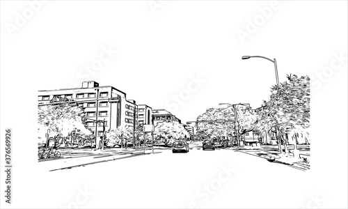 Building view with landmark of Austin is the state capital of Texas, an inland city bordering the Hill Country region. Hand drawn sketch illustration in vector.
