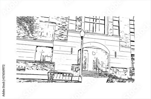 Building view with landmark of Austin is the state capital of Texas, an inland city bordering the Hill Country region. Hand drawn sketch illustration in vector.