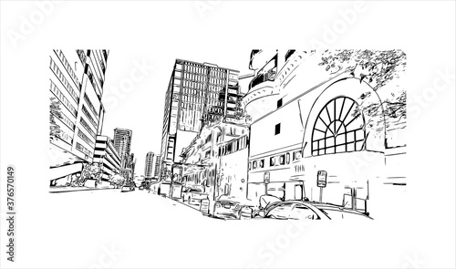 Building view with landmark of Austin is the state capital of Texas, an inland city bordering the Hill Country region. Hand drawn sketch illustration in vector.