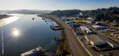 Coos Bay and Highway 101 taken from air with drone.
