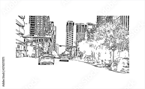 Building view with landmark of Austin is the state capital of Texas, an inland city bordering the Hill Country region. Hand drawn sketch illustration in vector.