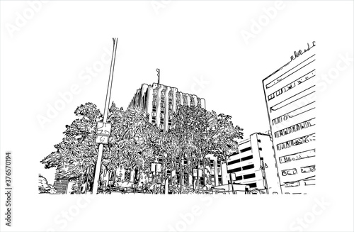 Building view with landmark of Austin is the state capital of Texas, an inland city bordering the Hill Country region. Hand drawn sketch illustration in vector.