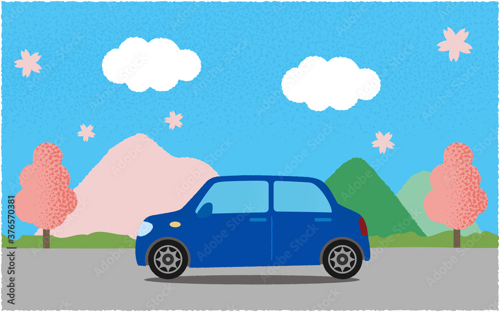 春、山沿いの道を進む青い自動車のベクターイラスト 春、山沿いの道を進む青い自動車のベクターイラスト