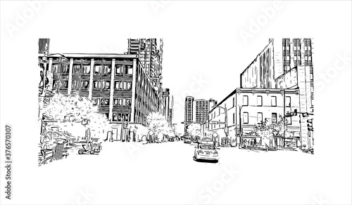 Building view with landmark of Austin is the state capital of Texas, an inland city bordering the Hill Country region. Hand drawn sketch illustration in vector.
