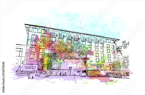 Building view with landmark of Austin is the state capital of Texas, an inland city bordering the Hill Country region. Watercolor splash with hand drawn sketch illustration in vector.