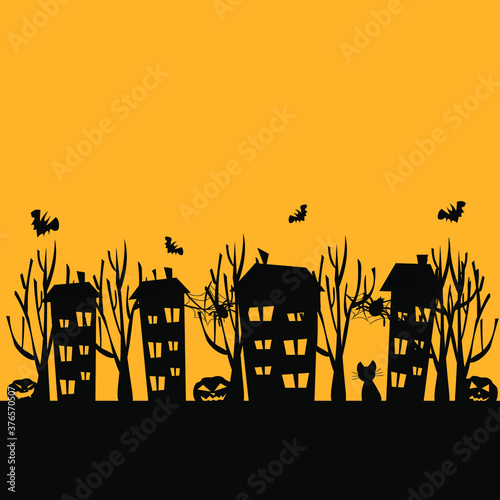 Halloween evil pumpkins, black houses, trees, bats on an orange background for Happy Halloween party or design.
