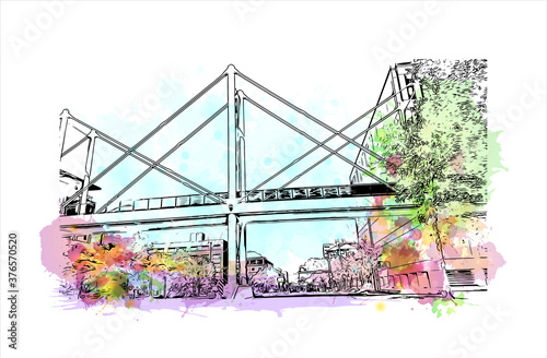Building view with landmark of Austin is the state capital of Texas, an inland city bordering the Hill Country region. Watercolor splash with hand drawn sketch illustration in vector.