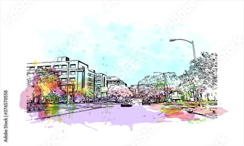 Building view with landmark of Austin is the state capital of Texas, an inland city bordering the Hill Country region. Watercolor splash with hand drawn sketch illustration in vector.
