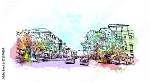 Building view with landmark of Austin is the state capital of Texas, an inland city bordering the Hill Country region. Watercolor splash with hand drawn sketch illustration in vector.
