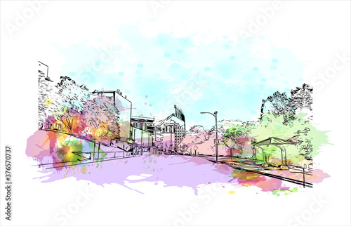 Building view with landmark of Austin is the state capital of Texas, an inland city bordering the Hill Country region. Watercolor splash with hand drawn sketch illustration in vector.