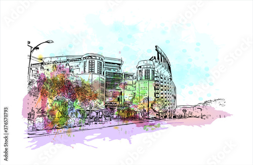 Building view with landmark of Austin is the state capital of Texas, an inland city bordering the Hill Country region. Watercolor splash with hand drawn sketch illustration in vector.