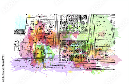 Building view with landmark of Austin is the state capital of Texas, an inland city bordering the Hill Country region. Watercolor splash with hand drawn sketch illustration in vector.