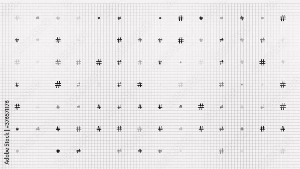 Seamless pattern background with hashtags. small hashtags slowly blink on grid. white backdrop.