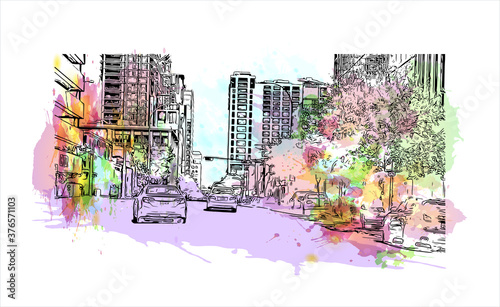 Building view with landmark of Austin is the state capital of Texas, an inland city bordering the Hill Country region. Watercolor splash with hand drawn sketch illustration in vector.