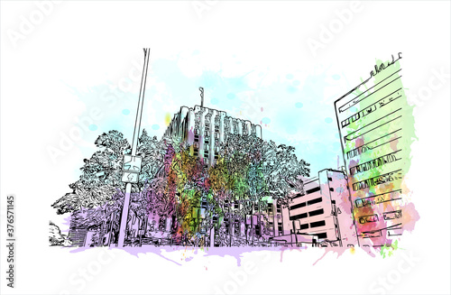 Building view with landmark of Austin is the state capital of Texas, an inland city bordering the Hill Country region. Watercolor splash with hand drawn sketch illustration in vector.
