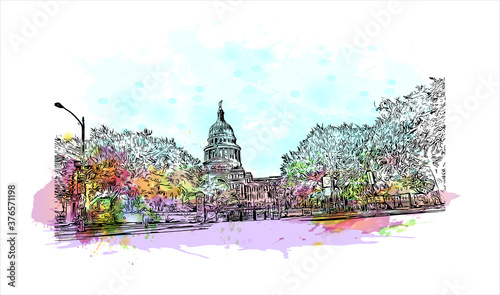 Building view with landmark of Austin is the state capital of Texas, an inland city bordering the Hill Country region. Watercolor splash with hand drawn sketch illustration in vector.