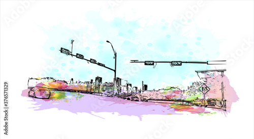 Building view with landmark of Austin is the state capital of Texas, an inland city bordering the Hill Country region. Watercolor splash with hand drawn sketch illustration in vector.