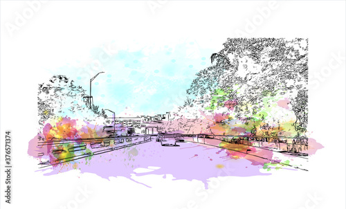 Building view with landmark of Austin is the state capital of Texas, an inland city bordering the Hill Country region. Watercolor splash with hand drawn sketch illustration in vector.