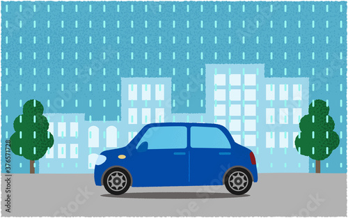 雨の中、都市の道路を進む青い自動車のベクターイラスト