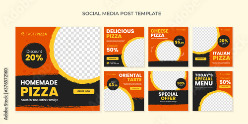 Homemade pizza social media post template. Food square banner for restaurant and cafe
