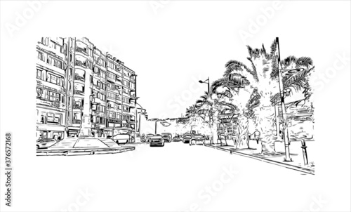 Building view with landmark of Aydın, ancient Greek Tralles, is a city in and the seat of Aydın Province in Turkey's Aegean Region. Hand drawn sketch illustration in vector.